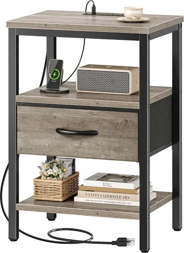 Vista 13 de SUPERJARE - Juego de 2 mesitas de noche con base de carga, cajón de tela ajustable, mesita de noche para dormitorio, de 3 niveles, para sala