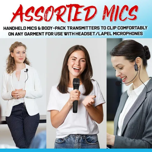 Vista 6 de Pyle Sistema de micrófono inalámbrico UHF de 8 Ch y base de montaje en bastidor, 4 micrófonos de mano, 4 auriculares, 4 paquetes de cinturón, 4