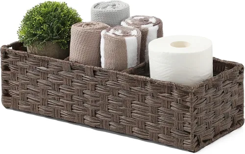[Compartimentos más grandes] Cesta de papel superior del tanque de inodoro - Cesta de mimbre de plástico multiusos tejida a mano con divisor para