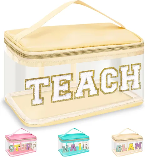 Vista 16 de izuzta Bolsas de maquillaje transparentes con letras de chenilla, bolsa de maquillaje de parche preppy con asa