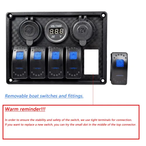 Vista 4 de Panel de interruptor de barco de 5 cuadrillas, panel de goma impermeable, doble 3.1 A, USB de 12 V, ranura para luz LED, voltímetro, panel