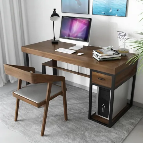 Vista 5 de Escritorio de computadora de madera maciza de metal para oficina en casa con soporte y cajón de CPU, escritorio de PC, estación de trabajo