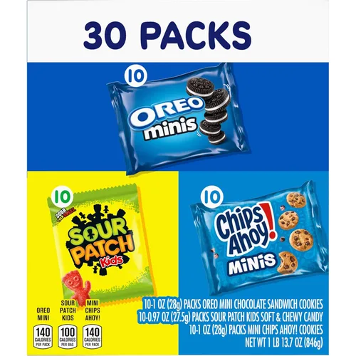 Vista 15 de Nabisco Paquete variado de galletas y dulces, dulces SOUR PATCH Kids, mini galletas OREO y mini chips AHOY!, 30 paquetes de aperitivos