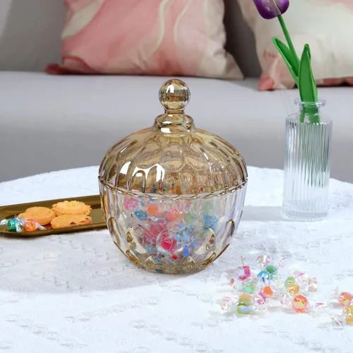 Vista 2 de Joeyan Plato de cristal ámbar para dulces con tapa, frasco grande cubierto para dulces, cuenco decorativo para dulces, recipiente de vidrio