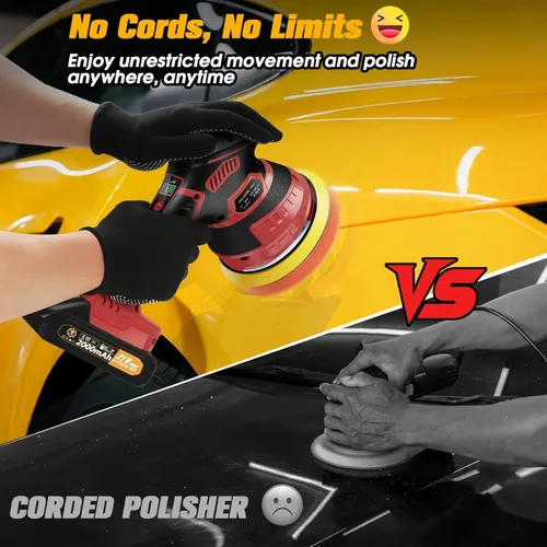 Vista 2 de Kit de pulidor inalámbrico para automóvil [2 baterías de 2000 mAh 21 V y 18 accesorios] Diseño orbital de 6 velocidades, pantalla LED, herramienta