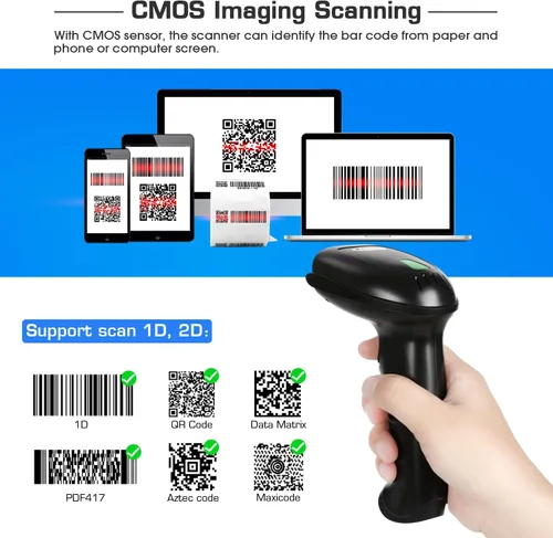 Vista 3 de WoneNice Escáner de código de barras inalámbrico 1D 2D con soporte, escáner automático de código QR de mano CMOS lector de códigos de barras