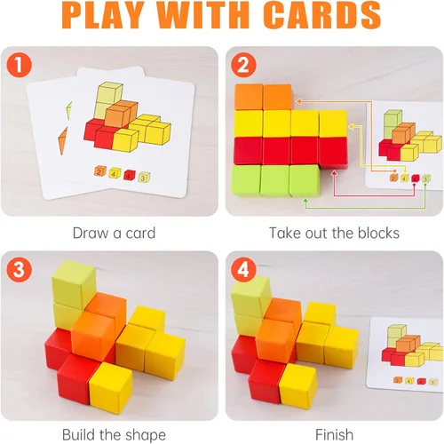 Vista 4 de Cubo de madera de juguete 16 piezas de bloques de construcción para niños, 40 tarjetas de patrón y bolsa de almacenamiento, 4 colores 3D juego