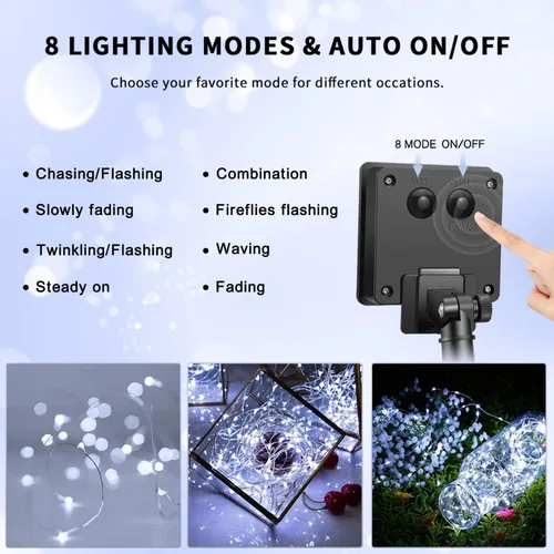 Vista 5 de JMEXSUSS Paquete de 4 tiras de 100 luces LED solares para exteriores, 33 pies, luces solares blancas para exteriores, impermeables, 8 modos, luces