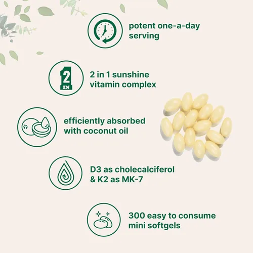 Vista 4 de Micro Ingredients Vitamina D3 5,000 UI + K2 MK-7 100 mcg, 300 cápsulas blandas Aceite de coco virgen Apoyo óseo, inmune y cardíaco 2 en 1