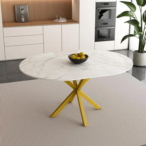 and Simple Round Dining Table with extendable Blades, Carbon Steel X Shaped Base, Sturdy and, Suitable for Restaurants, Small Apartments and