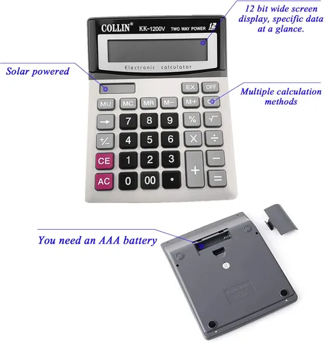 Vista 3 de Calculadora de escritorio, calculadora de oficina con batería solar de 12 dígitos con pantalla LCD grande, botón sensible grande, calculadoras