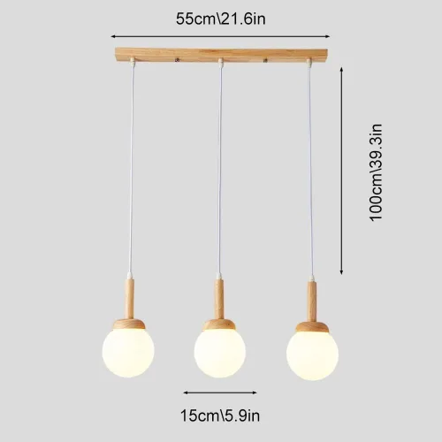 Vista 5 de Vintage Farmhouse Wood Pendant Lights, Modern 3 Head Ceiling Hanging Lighting, Milky White Globe Glass Shade Chandelier for Kitchen Island Dining