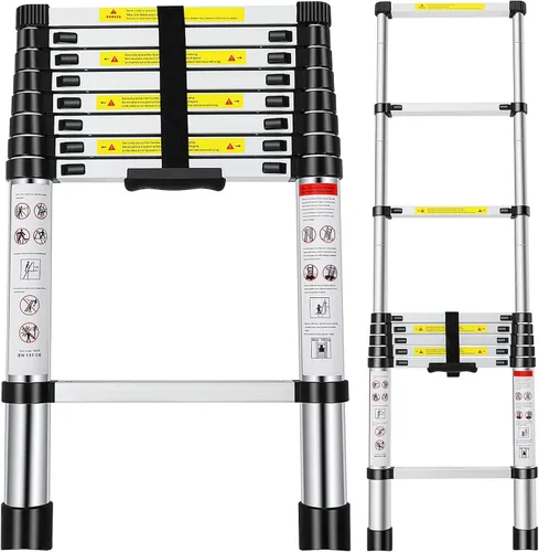 Escalera telescópica de 8.5 pies, escalera extensible de aluminio con 2 reemplazos de cubierta de goma antideslizante, capacidad de carga de 330