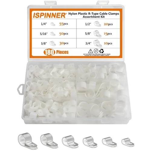 Vista 6 de ISPINNER 180 abrazaderas de cable de plástico de nailon tipo R, kit surtido de sujetadores de clips de 1/4 pulgadas, 5/16 pulgadas, 3/8 pulgadas