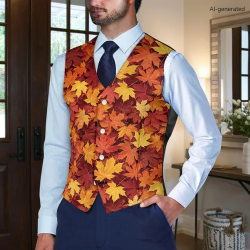 Vista 3 de TODIYADDU Chaleco de cuello en V para hombre, chaquetas de traje sin mangas Maple Leaf