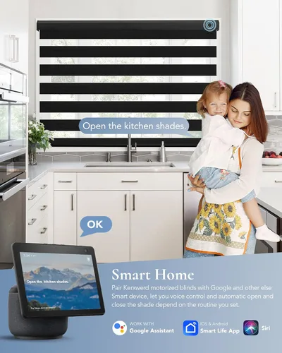 Vista 2 de Persianas motorizadas de cebra compatibles con Alexa Google Smart de doble capa, persianas eléctricas horizontales con control remoto, tamaño 95%