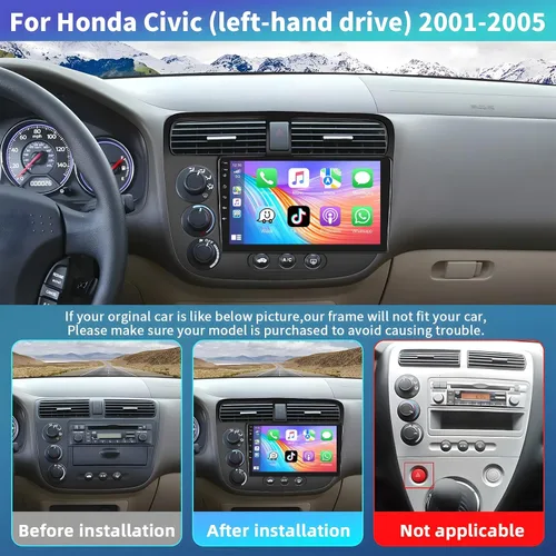 Vista 2 de Podofo Estéreo de coche Android 13 para Honda Civic 2001 2002 2003 2004 2005 con Apple Carplay Android Auto, 9 pulgadas pantalla táctil Radio