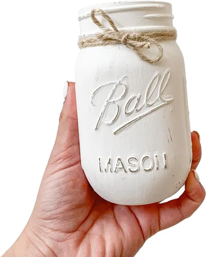 Vista 9 de Decoración de tarro Mason pequeño blanco – Tarro envejecido pintado a mano de 16 onzas – Portaplumas de estilo granja de 5 pulgadas o jarrón