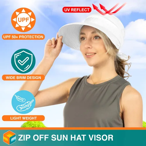 Vista 48 de SUN CUBE Sombrero de sol para mujer para protección UV al aire libre, sombrero de sol de ala ancha, cola de caballo, sombrero de playa convertible