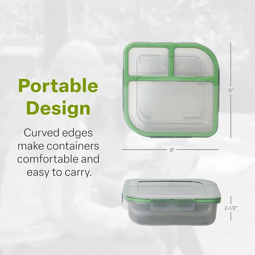Vista 2 de MyGo Container - Contenedor pequeño de 3 compartimentos para llevar, 8" x 8" x 2-1/2", reutilizable, apto para microondas, certificado NSF