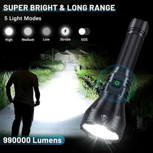 Vista 2 de Linternas recargables de alto lúmenes, 990000 lúmenes, linterna súper brillante, 5 modos LED potente linterna ajustable e impermeable, linterna