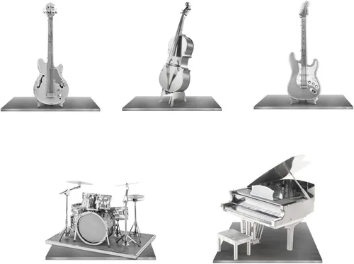 Metal Earth Fascinations Instrument 3D Kit de modelo de metal - piano de cola, violín bajo, juego de batería, bajo eléctrico, guitarra eléctrica