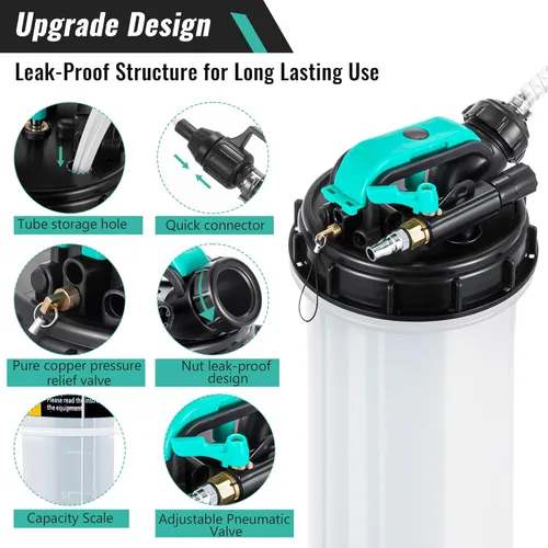 Vista 2 de Estune Extractor de líquido neumático manual de 2 galones/7.5 L, bomba extractora de aceite automotriz, cambiador de vacío de aceite con 5 mangueras