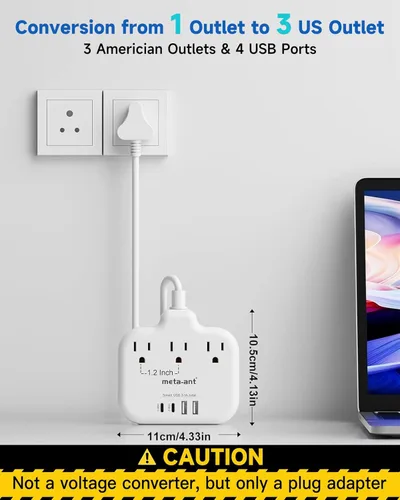 Vista 3 de Adaptador de Enchufe de Sudáfrica, Adaptador Tipo M para Sudáfrica con 3 Tomas de CA y 4 Puertos USB (2 USB C) 15.5W, Cable de Extensión de 3FT