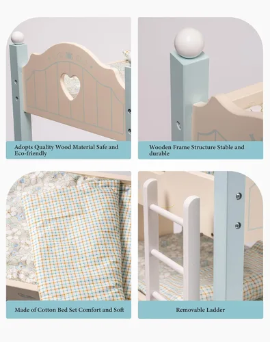 Vista 3 de ROBUD Cuna para Muñeca Bebé, Camas de Madera para Muñecas de 20 Pulgadas, Literas Azules para Muñeca Bebé con Tul, Cama para Muñeca American Girl