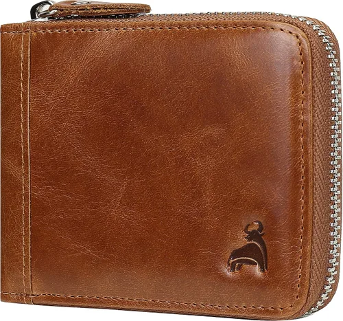 CALFART Carteras delgadas con cremallera para hombres RFID de cuero para hombre, tarjetero plegable con cremallera alrededor de la cartera con