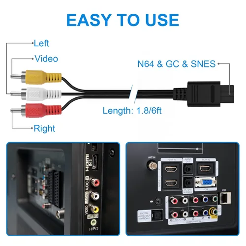 Vista 5 de 2 cables AV N64, N64 AV a HDMI, cable de audio y video AV compatible con Nintendo 64 N64, Gamecube GC, Super Nintendo SNES, accesorios de consola