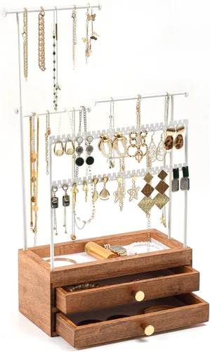 Organizador de joyas de madera con 2 cajones, regalos para el día de San Valentín para mujeres y niñas, 5 niveles de altura ajustable, organizador