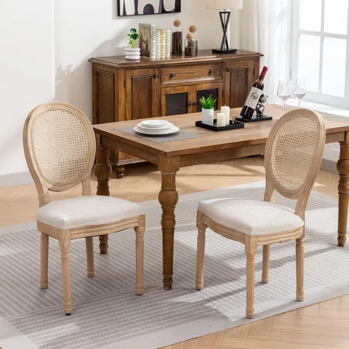 Vista 9 de Solid Wood Rattan-Back Dining Chairs Set of 2 with Linen Cushion & S-Springs, Durable Table & Chair Sets for Dining Room, Kitchen, Cafe, Living Room