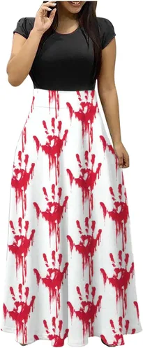 Vestido largo con estampado de Halloween para mujer, manga corta, talla grande, holgado, para fiesta en la playa, cuello redondo, casual, vestido