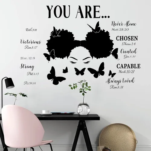 Vista 2 de Chinco Calcomanías de pared de niña negra para dormitorio de niñas, calcomanía de pared con frase motivacional de mariposa, calcomanías de vinilo