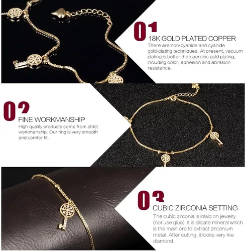 Vista 6 de Tono de la moda aanklets Oro 18K Rhinestone clave encanto playa cadena de pie aanklet para las mujeres l7.99+ 2