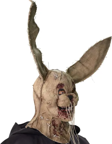 Vista 2 de Máscara de conejo de espantapájaros, máscara de saco de arpillera de conejo aterrador, máscara de payaso diablo de Halloween, casco de látex