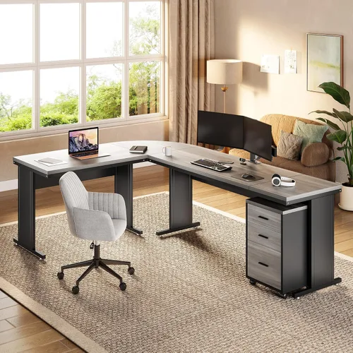 Vista 9 de LITTLE TREE Escritorio ejecutivo grande de 82.67 pulgadas de largo en forma de L para computadora con archivador móvil de 3 cajones, mueble Negro