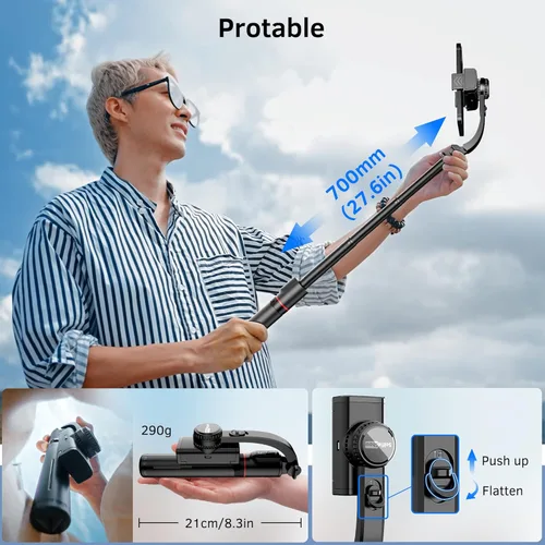 Vista 6 de Estabilizador de cardán para smartphone con control remoto, palo de selfie trípode extensible de aluminio, rotación automática de 360°, equilibrio