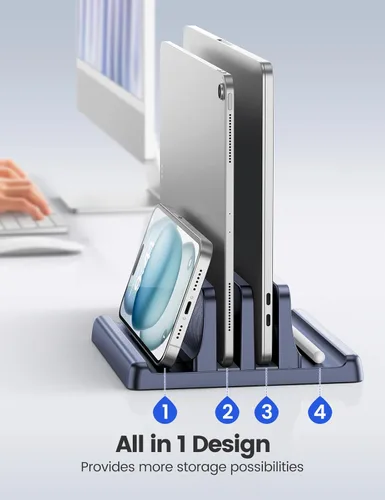 Vista 2 de EAXBUX Soporte vertical 3 en 1 para laptop, organizador ajustable de plástico ABS para computadora portátil, soporte vertical para computadora