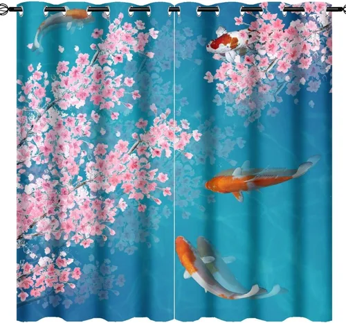 Vista 42 de Cortinas retro de pez japonés para dormitorio, estilo rústico, asiático, japonés, flor de cerezo, aislamiento térmico, oscurecimiento