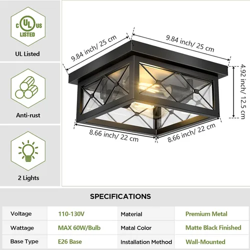 Vista 8 de Asnxcju Luminarias de Techo Estilo Granja para Montaje, Lámpara de Techo Empotrada Negra de 2 Luces con Pantalla de Vidrio Transparente, Lámpara
