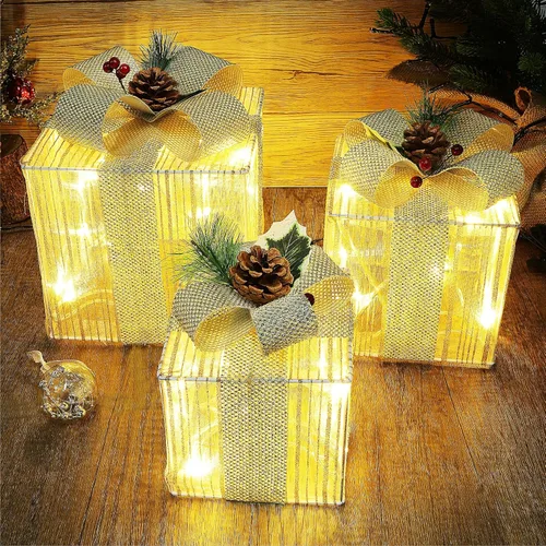 Lulu Home Juego de 3 cajas de Navidad iluminadas, 60 luces LED con moños, cajas de Navidad enchufables para decoración de árboles de Navidad,