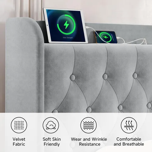 Vista 7 de koorlian Base de cama Queen con cabecero, marco de cama tapizado de terciopelo ajustable con puertos tipo C y USB, cabecera de almacenamiento