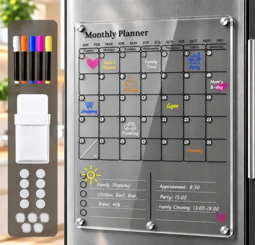 Calendario magnético para refrigerador, calendario acrílico grueso para refrigerador con imanes fuertes, pizarra blanca transparente de borrado en