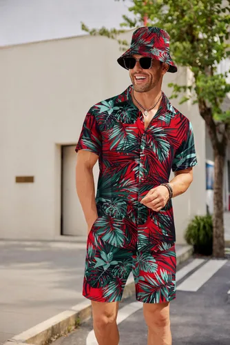 Vista 2 de COOFANDY Men's Hawaiian Shirt and Short Set Flower 2-pieces Beach Outfit with Bucket Hats