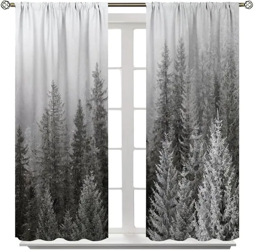 Vista 4 de Cortinas opacas con estampado 3D de bosque invernal en la niebla, cortinas decorativas de bosque de coníferas para dormitorio, sala de estar, 21 x