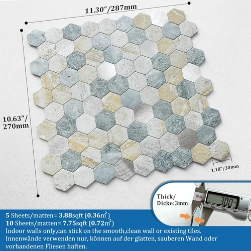 Vista 5 de MOFIT - Azulejos hexagonales para salpicaduras de cocina, autoadhesivos, de metal y mármol, diseño de panal de abejas para despegar y pegar, mosaico