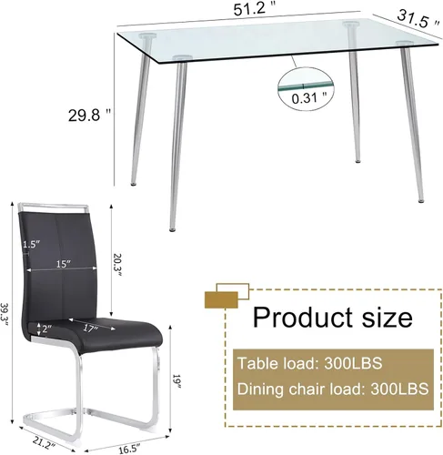 Vista 2 de Juego de mesa de comedor de cristal de Ebullient para 4 personas, juego de 5 piezas con 4 sillas de comedor de piel sintética negras, tablero