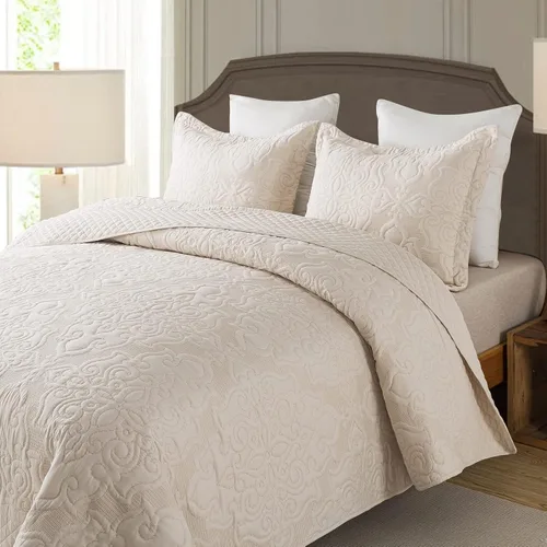 Vista 2 de NEWLAKE - Juego de cubrecama reversible de microfibra bordada con patrón floral en relieve en jacquard beige, tamaño queen